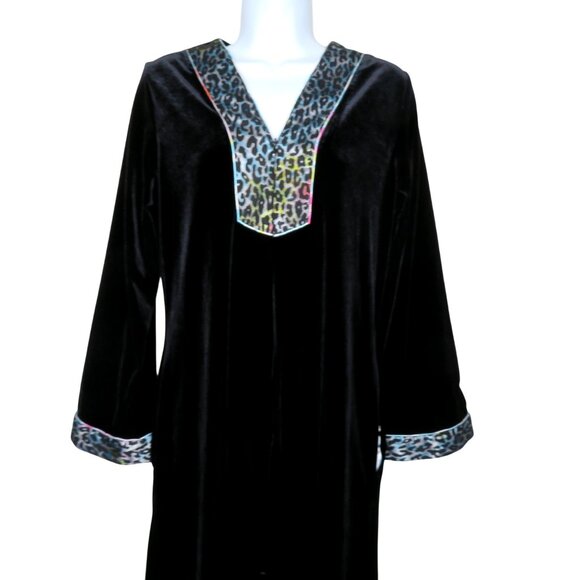 Vintage Oscar De La Renta Pink Label Black Velvet Tunic Top Leopard Print Trim S - Picture 1 of 11